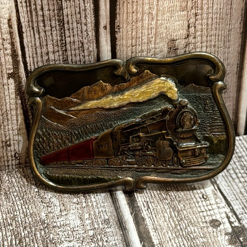 Bergamot Locomotive Vtg Brass Buckle Railfan Leather Tooled Belt 38-42 Unisex